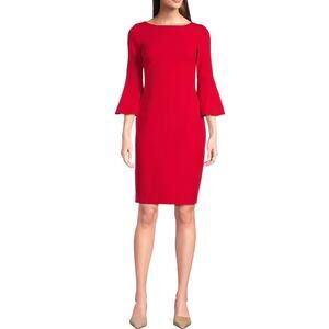 Calvin Klein Red Boatneck 3/4 Bell Sleeve Sheath Dress Size 4